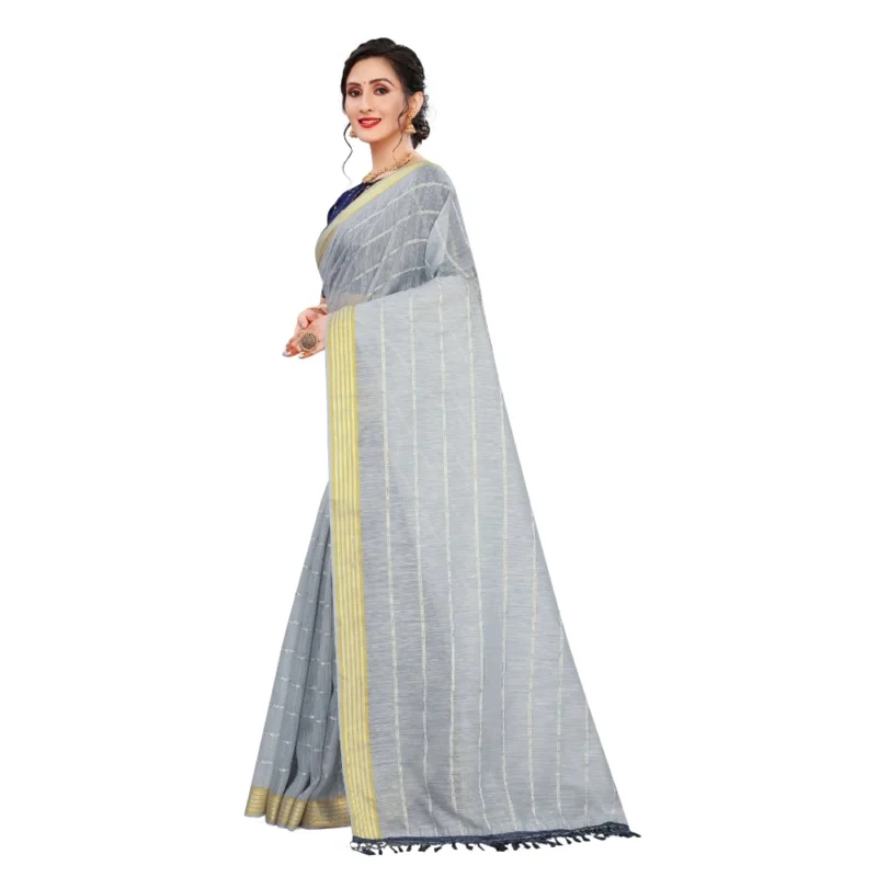 Generic Women's Cotton Saree With Blouse (Grey, 5-6Mtrs) - Image 3