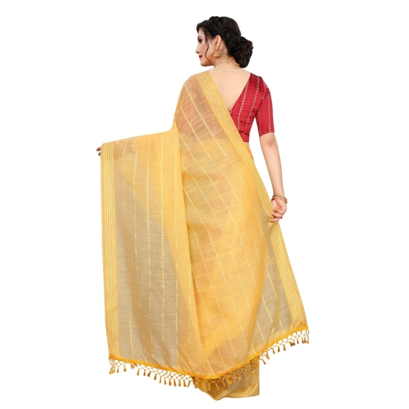 Generic Women's Cotton Saree With Blouse (Yellow, 5-6Mtrs) - Image 2