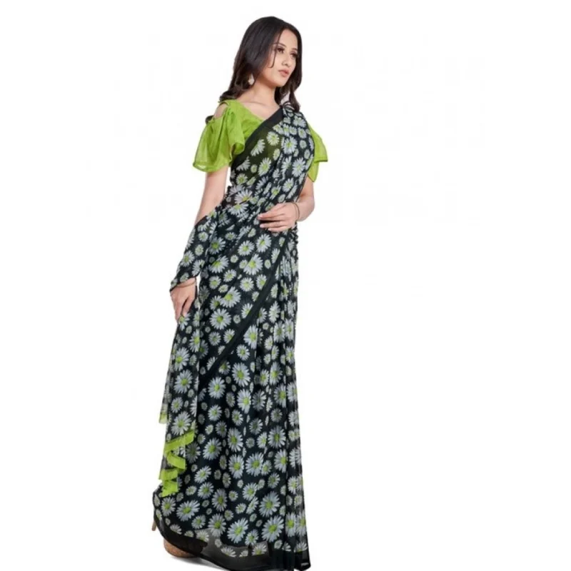 Generic Women's Georgette Saree With Blouse (Green, 5-6mtrs) - Image 3