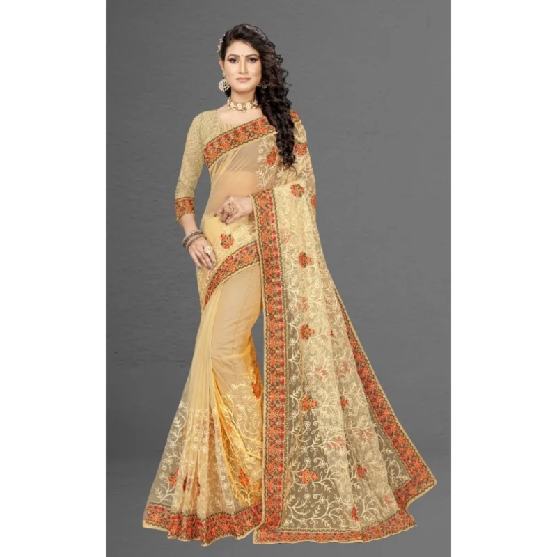 Generic Women's Net Saree With Blouse (Chiku, 5-6Mtrs) - Image 5