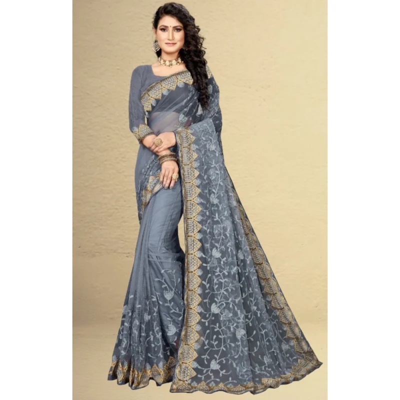 Generic Women's Net Saree With Blouse (Grey, 5-6Mtrs) - Image 5