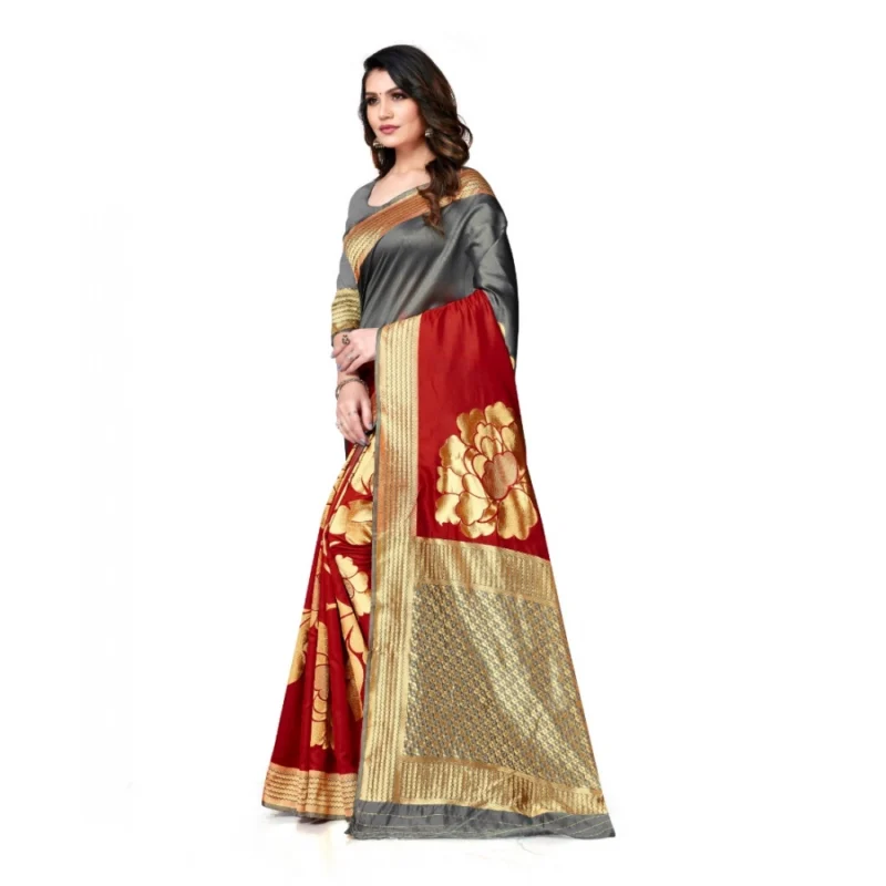 Generic Women's Banarasi Silk Saree With Blouse (Grey, Red, 5-6Mtrs) - Image 3