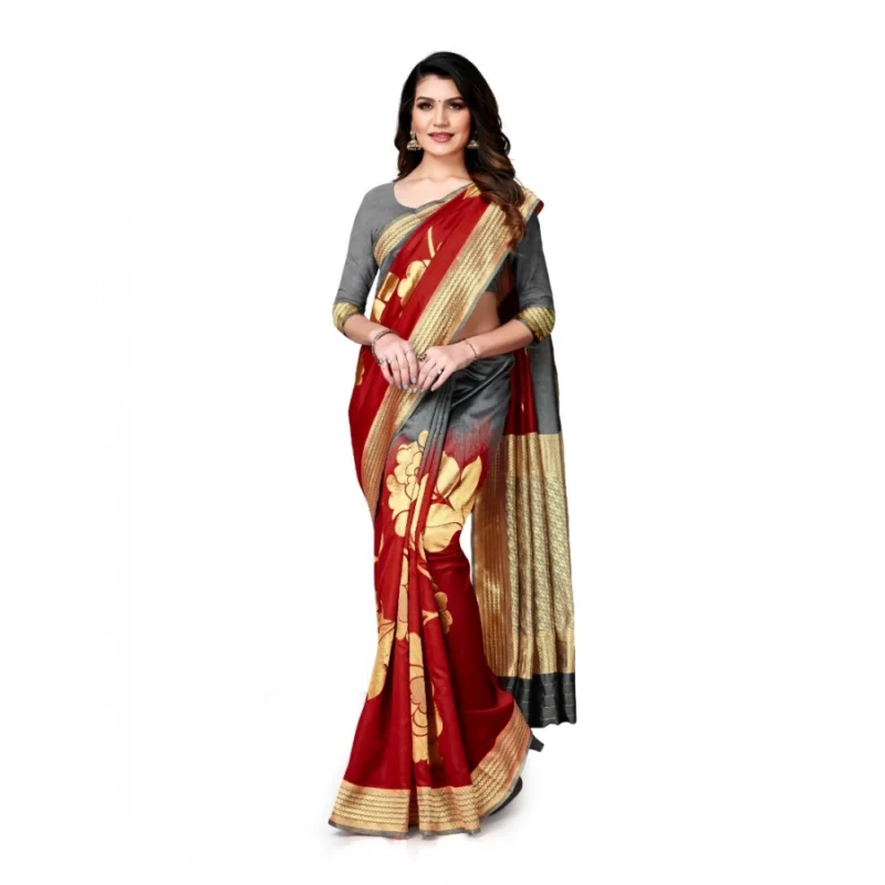 Generic Women's Banarasi Silk Saree With Blouse (Grey, Red, 5-6Mtrs) - Image 2