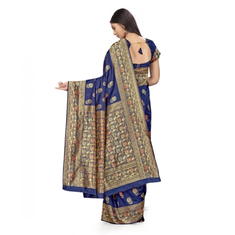 Generic Women's Banarasi Silk Saree With Blouse (Navy Blue, 5-6Mtrs) - Image 2