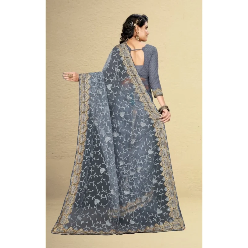 Generic Women's Net Saree With Blouse (Grey, 5-6Mtrs) - Image 2