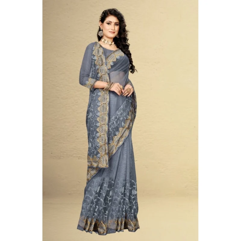 Generic Women's Net Saree With Blouse (Grey, 5-6Mtrs) - Image 3