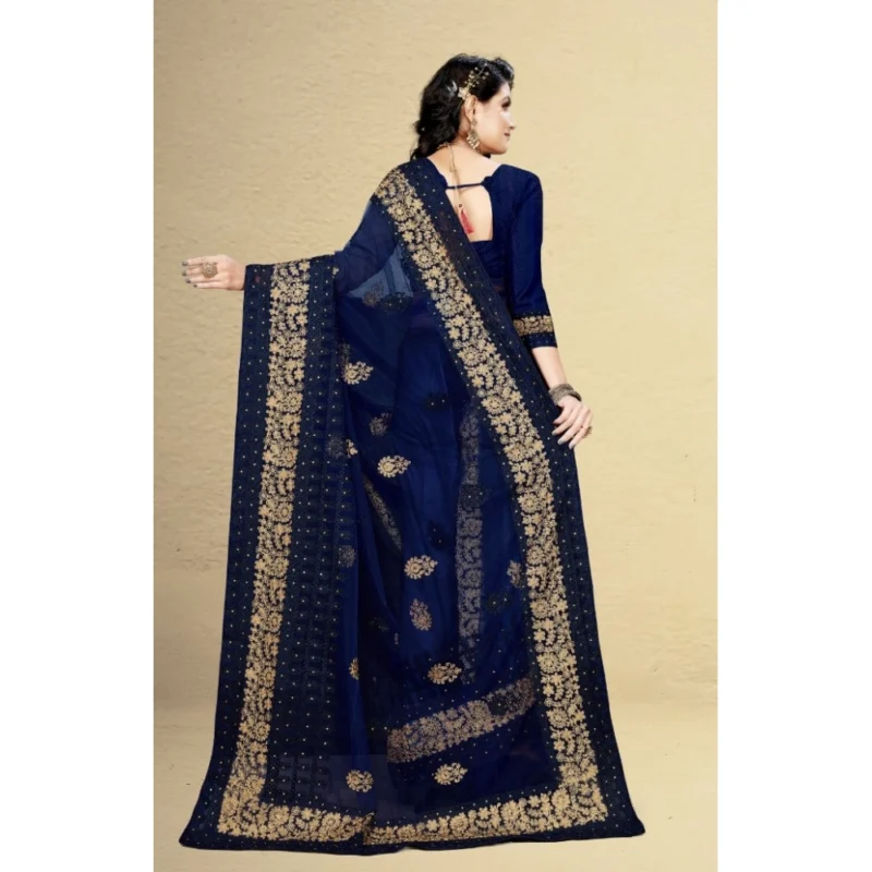 Generic Women's Net Saree With Blouse (Navy Blue, 5-6Mtrs) - Image 2