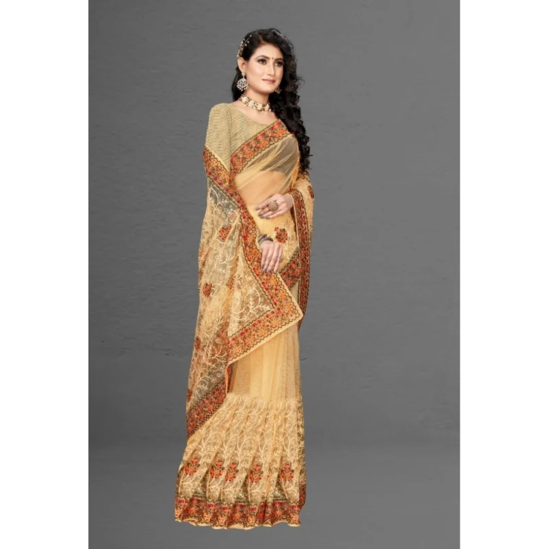 Generic Women's Net Saree With Blouse (Chiku, 5-6Mtrs) - Image 2