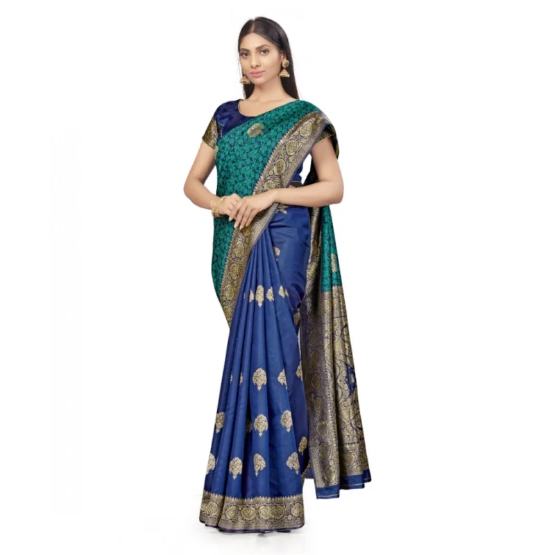 Generic Women's Banarasi Silk Saree With Blouse (Navy Blue, Rama, 5-6Mtrs) - Image 2
