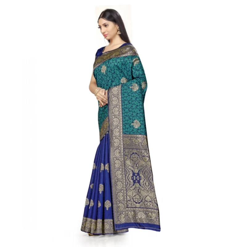 Generic Women's Banarasi Silk Saree With Blouse (Navy Blue, Rama, 5-6Mtrs) - Image 4