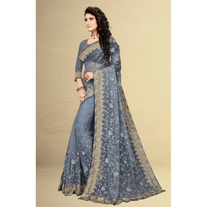 Generic Women's Net Saree With Blouse (Grey, 5-6Mtrs) - Image 4