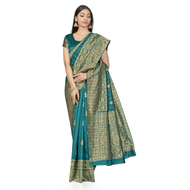 Generic Women's Banarasi Silk Saree With Blouse (Peach, 5-6Mtrs) - Image 2