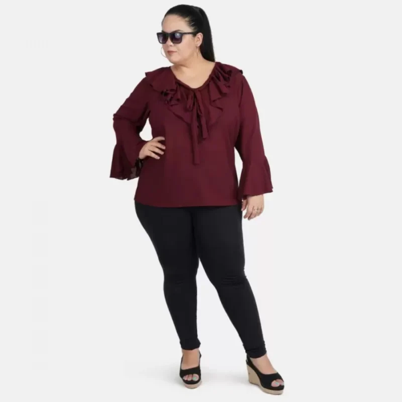 Generic Women's Casual Bell Sleeve Solid Maroon Top (Color:Maroon, Material:Georgette) - Image 2