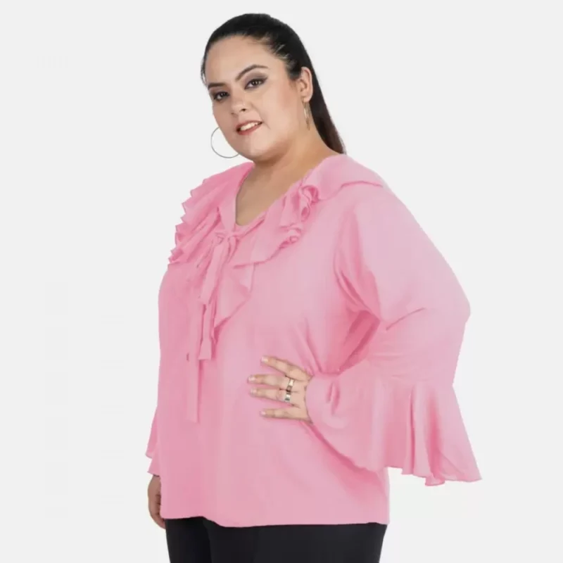 Generic Women's Casual Bell Sleeve Solid Pink Top (Color:Pink, Material:Georgette) - Image 4