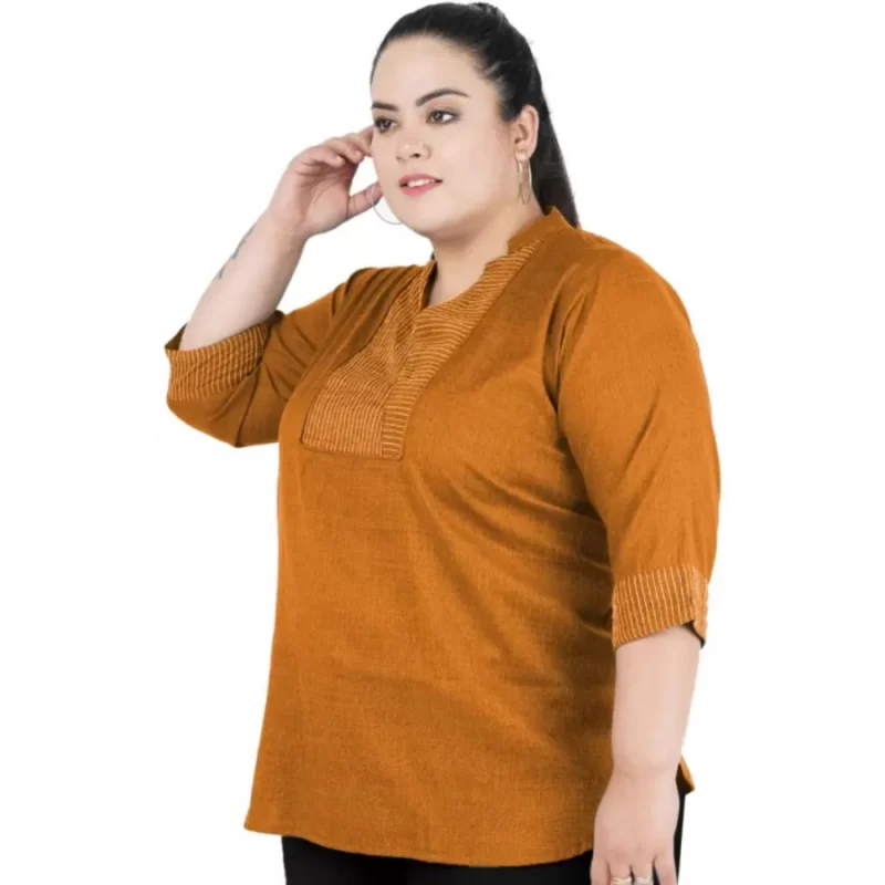 Generic Women's Casual Three Fourth Sleeve Embroidered Yellow Top (Color:Yellow, Material:Cotton Linen Blend) - Image 4