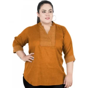 Generic Women's Casual Three Fourth Sleeve Embroidered Yellow Top (Color:Yellow, Material:Cotton Linen Blend)