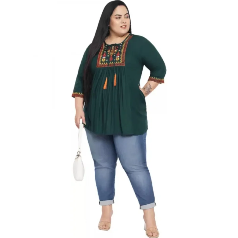 Generic Women's Casual Embroidered Dark Green Top (Color:Dark Green, Material:Rayon) - Image 4