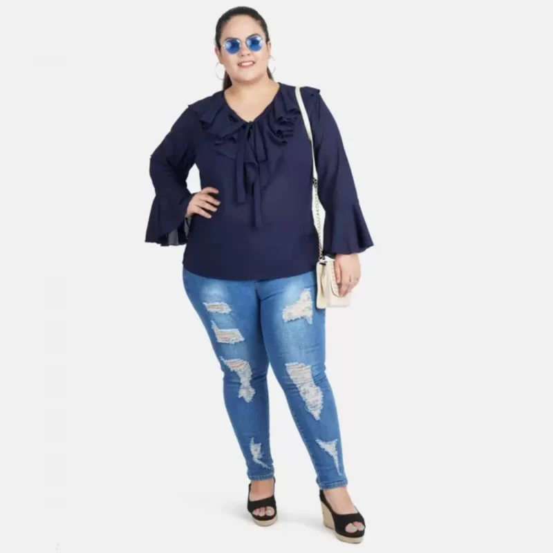 Generic Women's Casual Bell Sleeve Solid Blue Top (Color:Blue, Material:Georgette) - Image 2