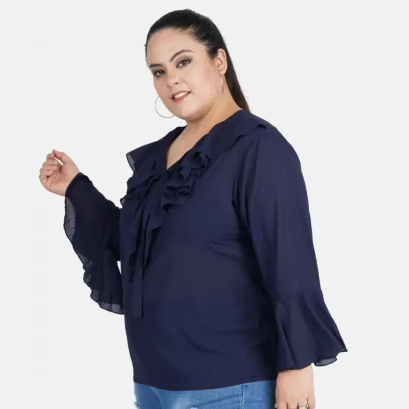 Generic Women's Casual Bell Sleeve Solid Blue Top (Color:Blue, Material:Georgette) - Image 4