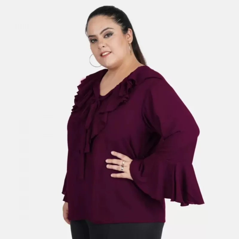 Generic Women's Casual Bell Sleeve Solid Purple Top (Color:Purple, Material:Georgette) - Image 4