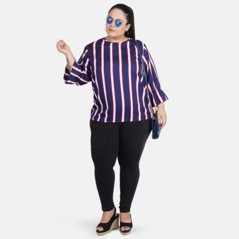Generic Women's Casual Bell Sleeve Striped Blue Top (Color:Blue, Material:Crepe) - Image 2