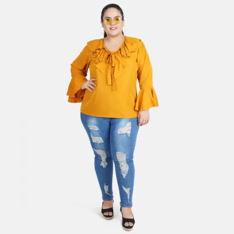 Generic Women's Casual Bell Sleeve Solid Yellow Top (Color:Yellow, Material:Georgette) - Image 2