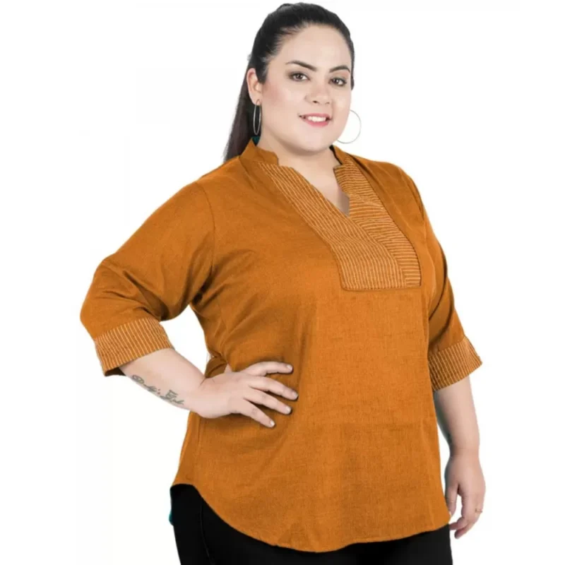 Generic Women's Casual Three Fourth Sleeve Embroidered Yellow Top (Color:Yellow, Material:Cotton Linen Blend) - Image 6