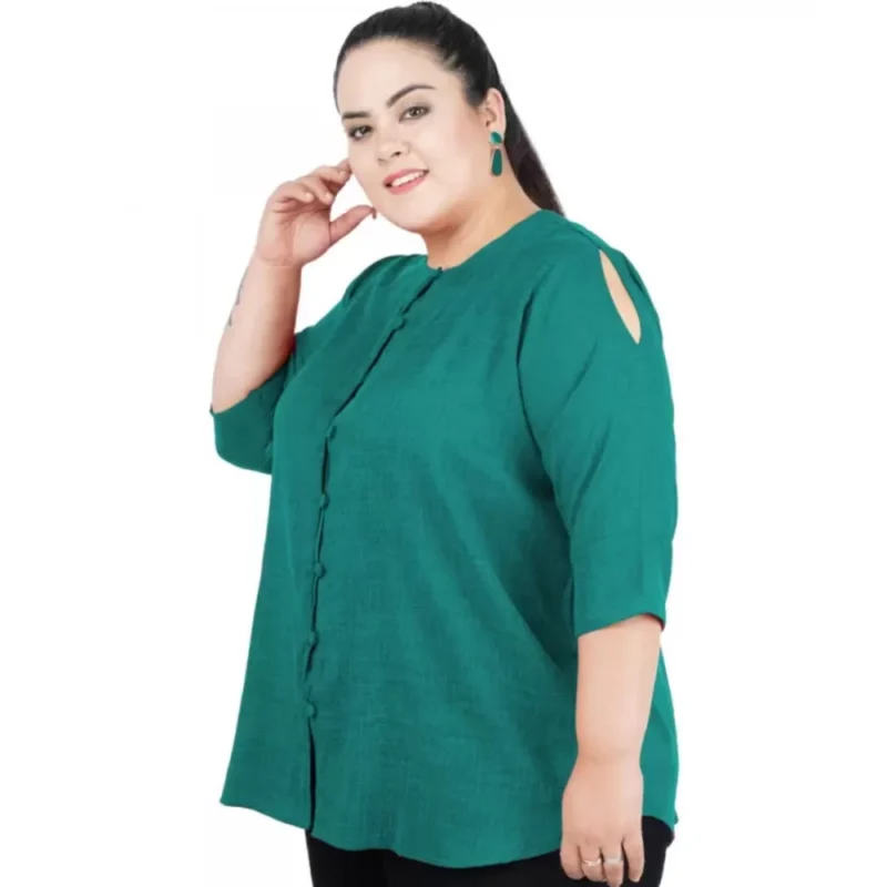 Generic Women's Casual Solid Green Top (Color:Green, Material:Cotton Linen Blend) - Image 5