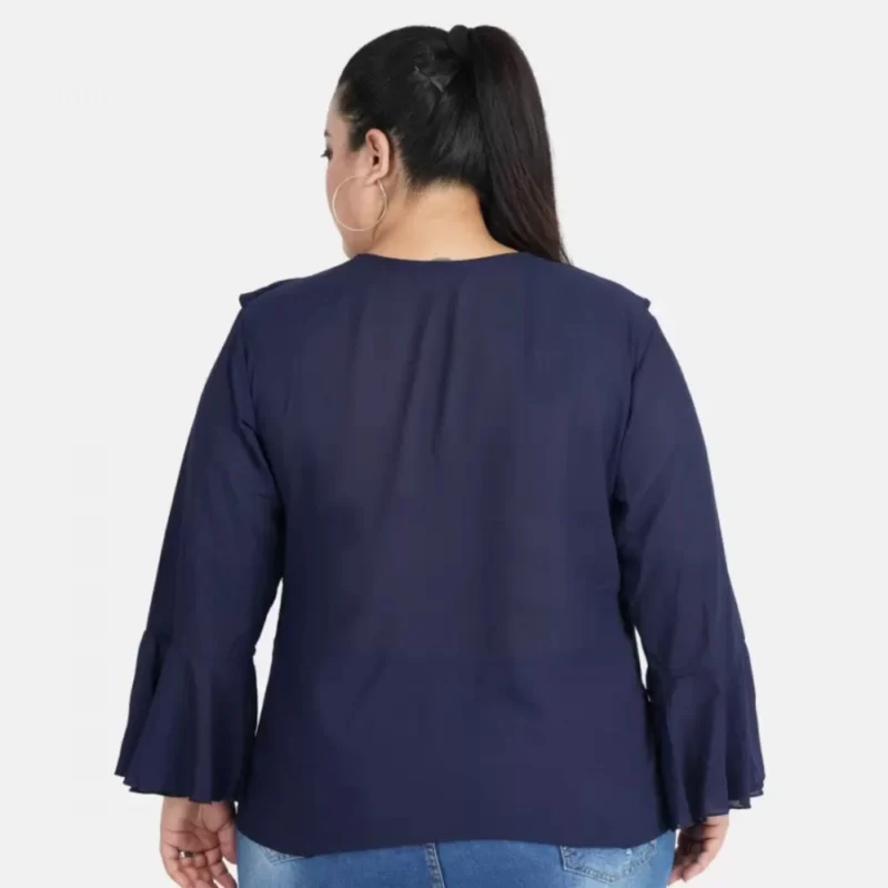 Generic Women's Casual Bell Sleeve Solid Blue Top (Color:Blue, Material:Georgette) - Image 3