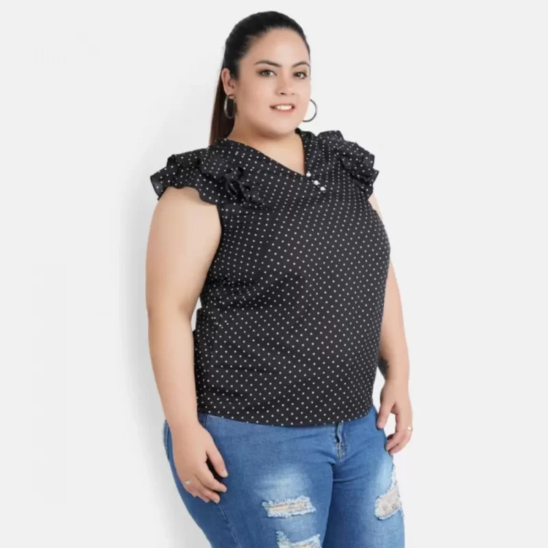 Generic Women's Casual Flutter Sleeve Polka Print Black Top (Color:Black, Material:Crepe) - Image 2