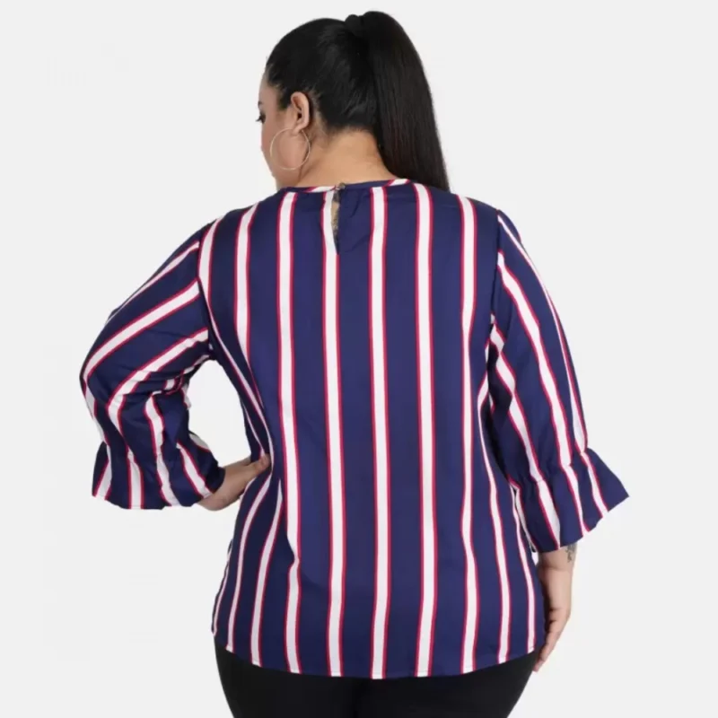 Generic Women's Casual Bell Sleeve Striped Blue Top (Color:Blue, Material:Crepe) - Image 4