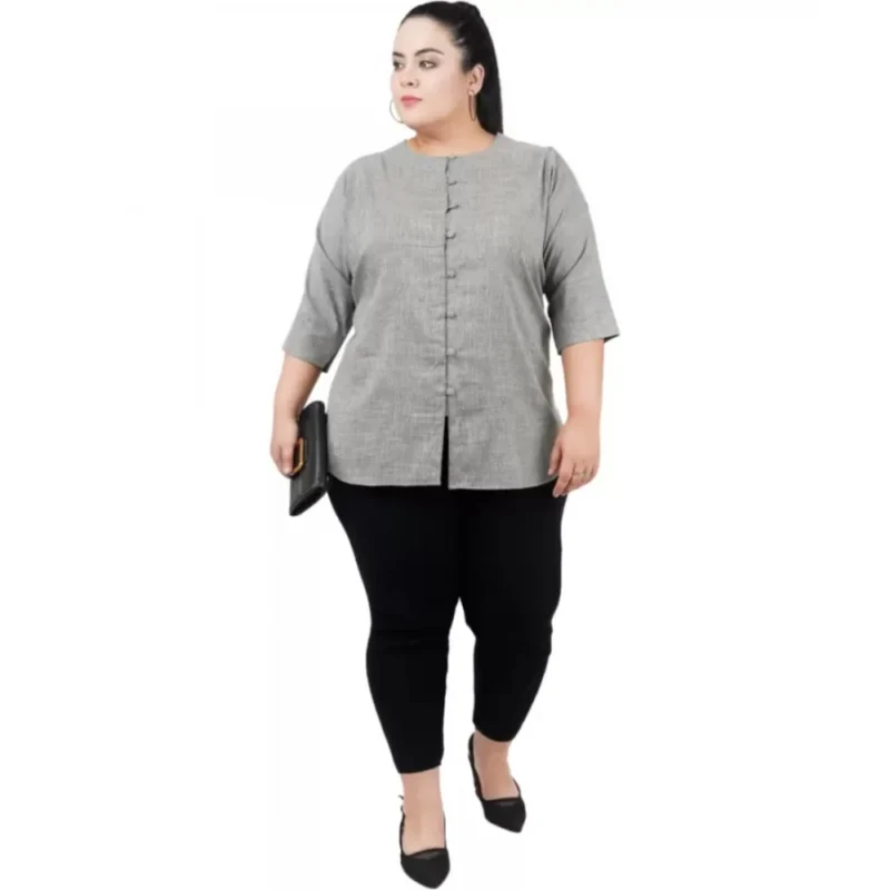 Generic Women's Casual Solid Grey Top (Color:Grey, Material:Cotton Linen Blend) - Image 2