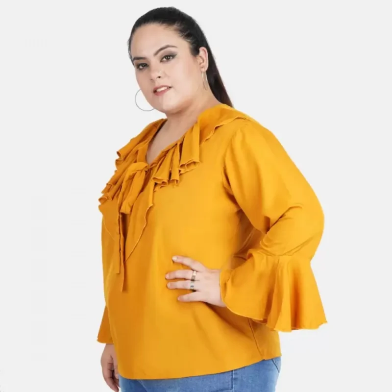 Generic Women's Casual Bell Sleeve Solid Yellow Top (Color:Yellow, Material:Georgette) - Image 4