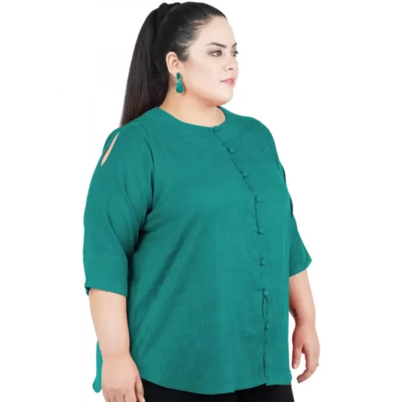 Generic Women's Casual Solid Green Top (Color:Green, Material:Cotton Linen Blend) - Image 3