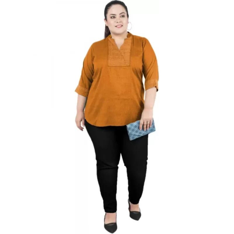 Generic Women's Casual Three Fourth Sleeve Embroidered Yellow Top (Color:Yellow, Material:Cotton Linen Blend) - Image 2