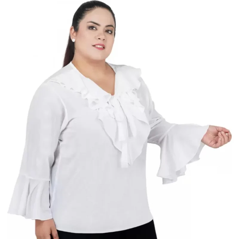 Generic Women's Casual Bell Sleeve Solid White Top (Color:White, Material:Georgette) - Image 4
