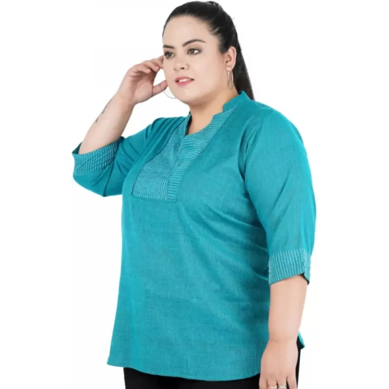 Generic Women's Casual Three Fourth Sleeve Embroidered Light Green Top (Color:Light Blue, Material:Cotton Linen Blend) - Image 4