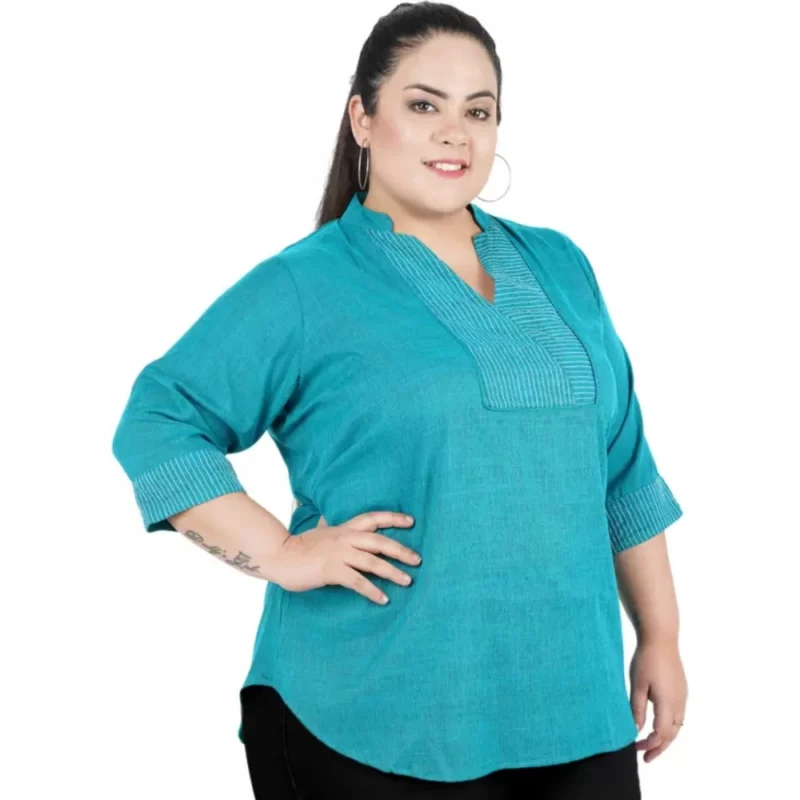 Generic Women's Casual Three Fourth Sleeve Embroidered Light Green Top (Color:Light Blue, Material:Cotton Linen Blend) - Image 6