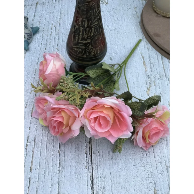 Generic Artificial Flowers Bunch Bouquet Of 5 Vintage Garden Roses For Home Decoration (Peach Pink, Material:Silk, Polyester) - Image 2