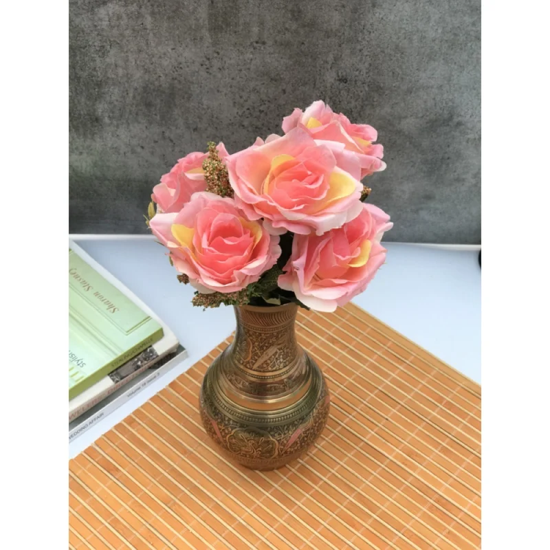 Generic Artificial Flowers Bunch Bouquet Of 5 Vintage Garden Roses For Home Decoration (Peach Pink, Material:Silk, Polyester) - Image 3