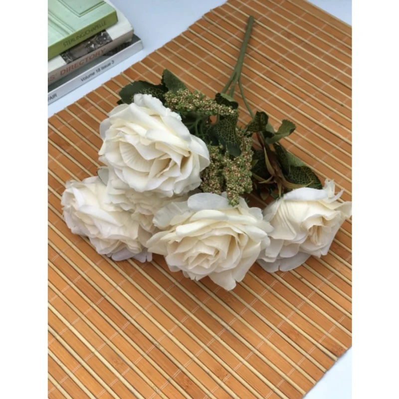 Generic Artificial Flowers Bunch Bouquet Of 5 Vintage Garden Roses For Home Decoration (White, Material:Silk, Polyester) - Image 2