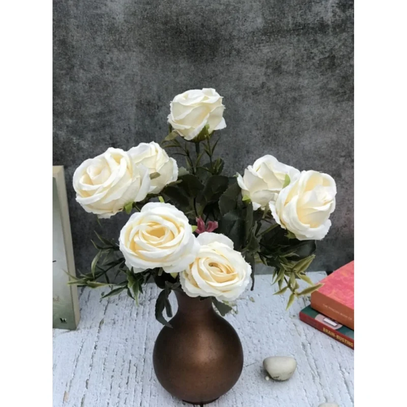 Generic Artificial Flowers Bunch Bouquet Of 5 Vintage Garden Roses For Home Decoration (White, Material:Silk, Polyester) - Image 4