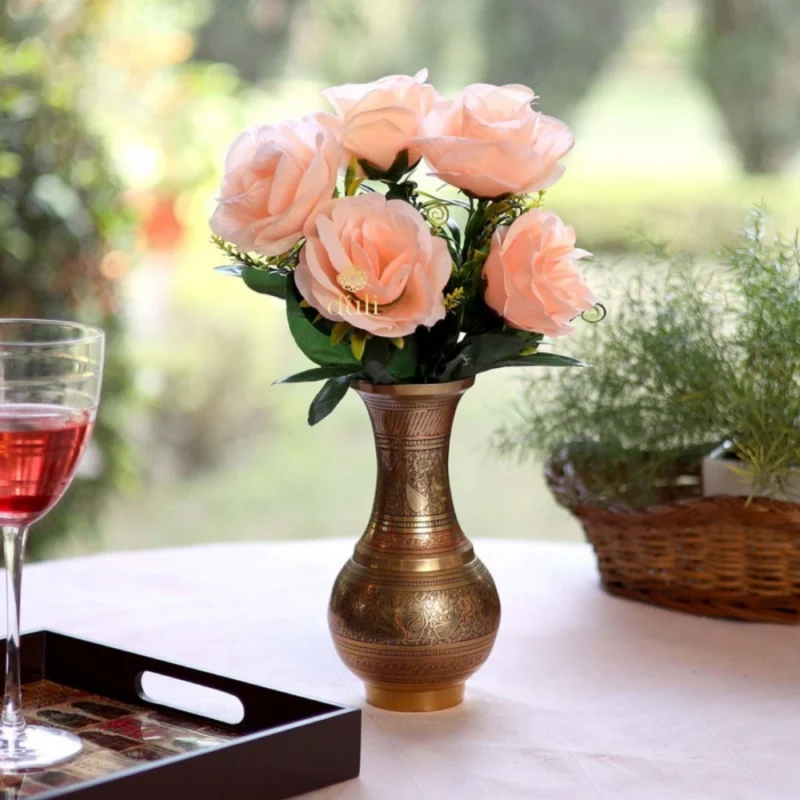 Generic Artificial Flowers Bunch Bouquet Of 5 Roses For Home Decoration (Peach, Material:Silk, Polyester) - Image 2