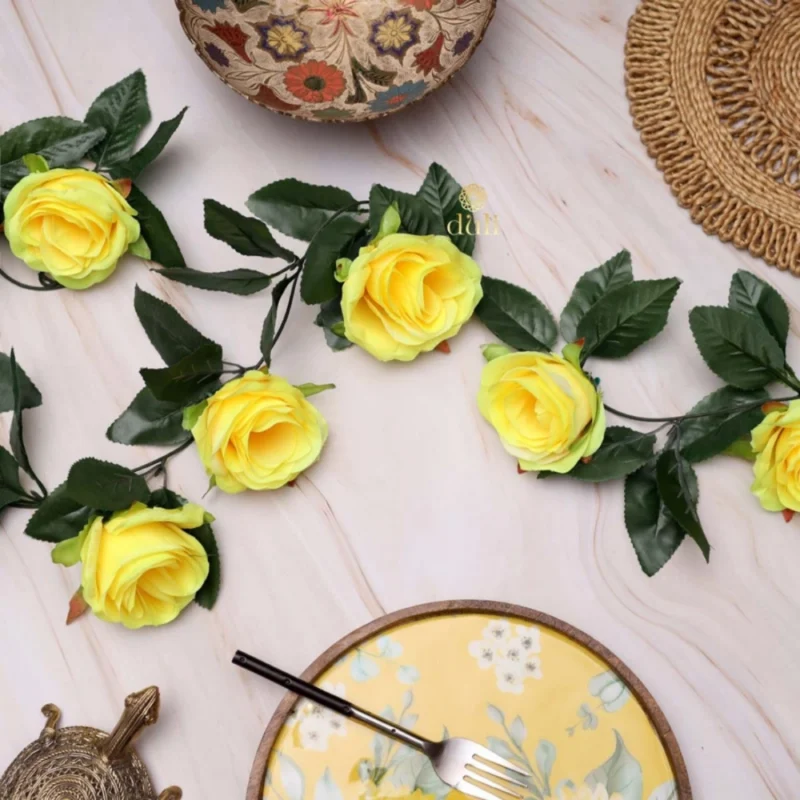 Generic Artificial Rose Vine Flowers With Green Leaves For Home Party Garden Wall Decoration (Yellow, Material:Silk, Polyester) - Image 2