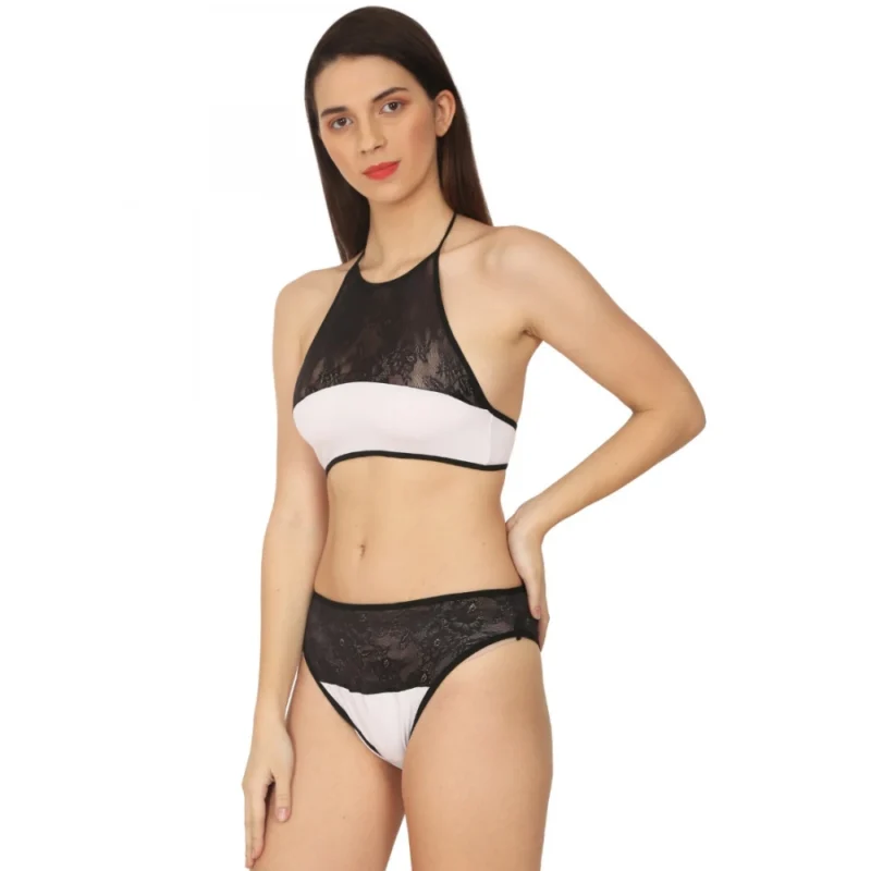 Generic Women's Cotton Lace Halter Neck Lingerie Black Lace And White Color (White And Black) - Image 5