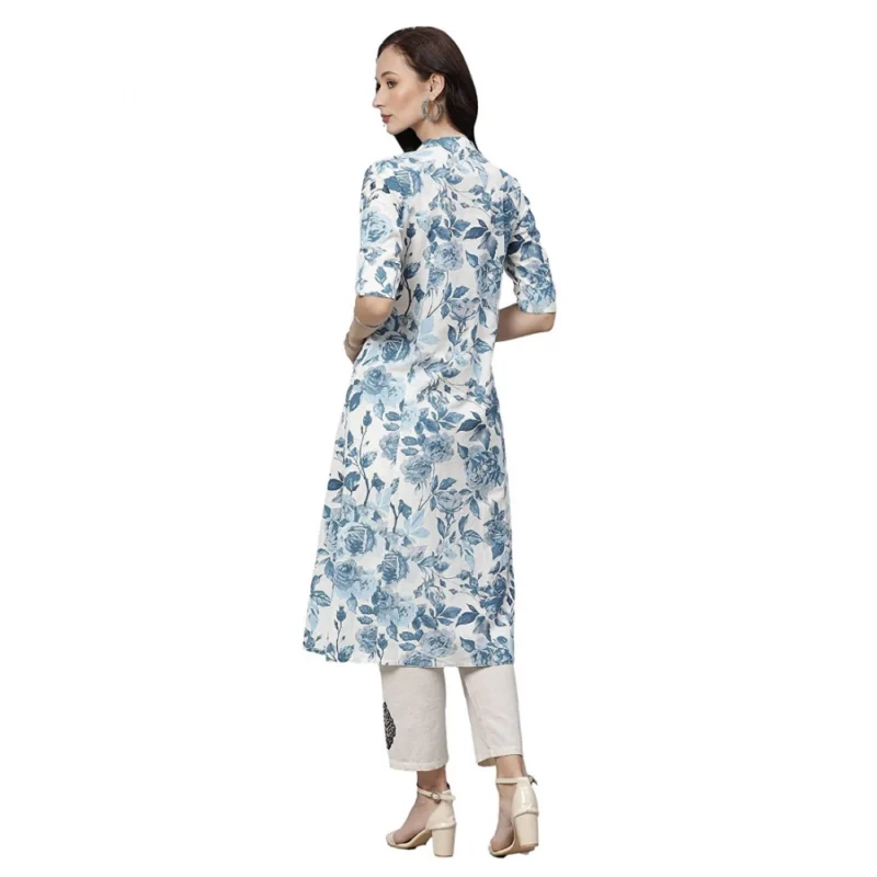 Generic Women's Cotton Printed Floral Print Kurti (White, Blue, Cotton) - Image 2