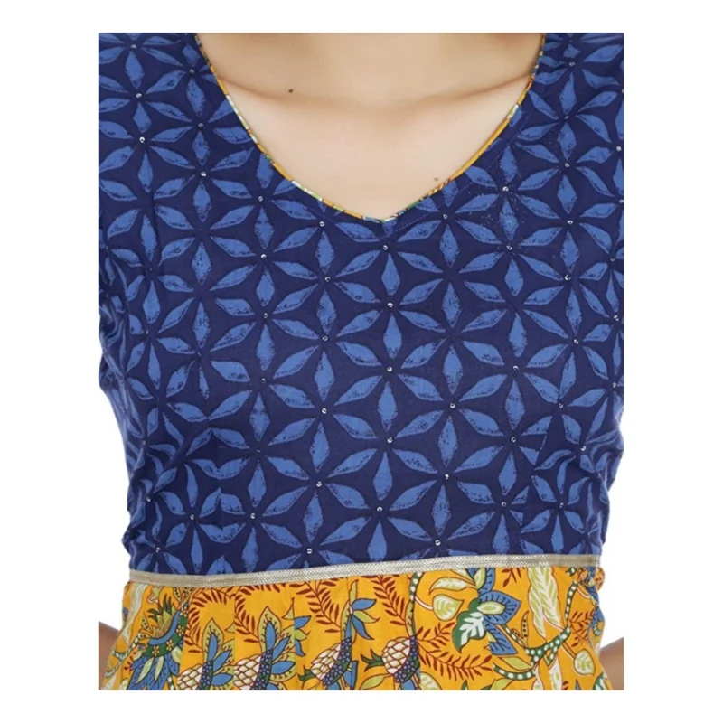 Generic Women's Cotton Printed Long Kurti (Mustard, Blue, Cotton) - Image 2