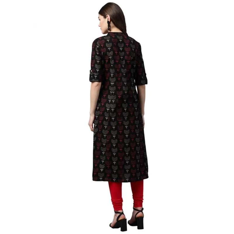 Generic Women's Cotton Printed A Line Kurti (Black, Cotton) - Image 3