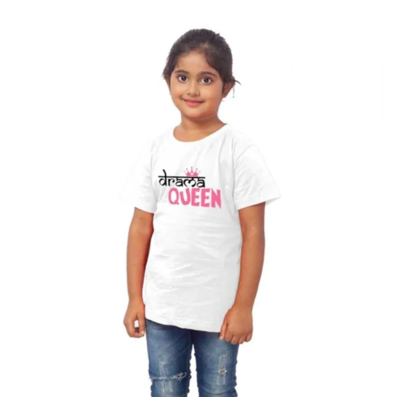 Generic Girls Cotton Drama Queen Half Sleeve TShirt (White) - Image 4
