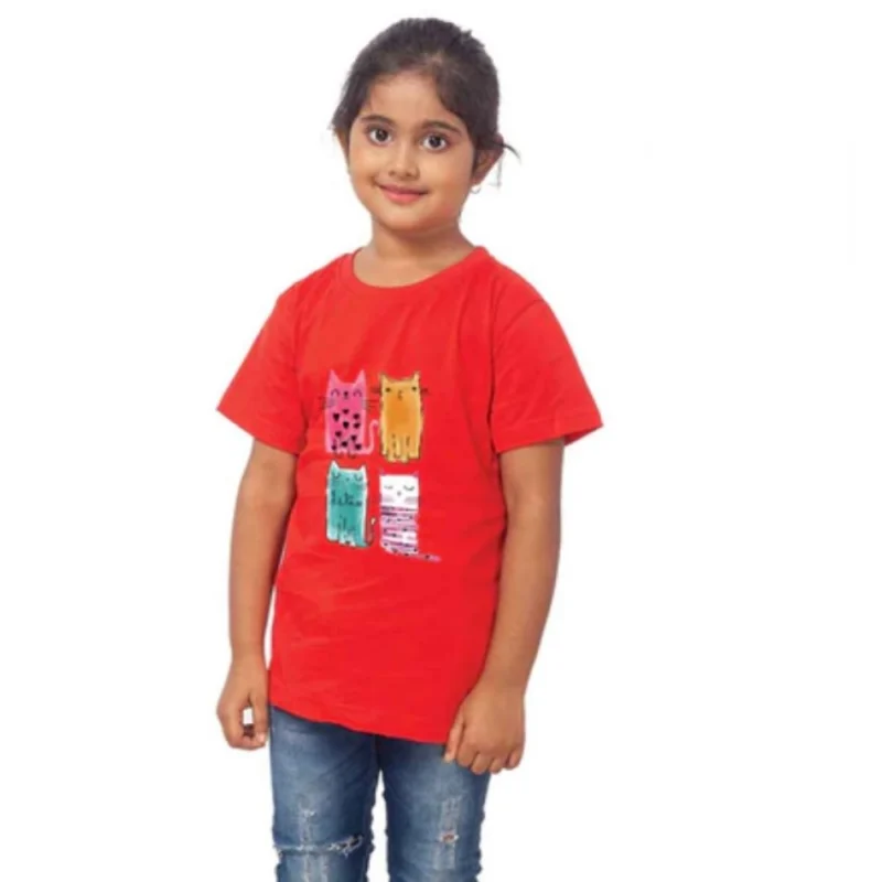 Generic Girls Cotton Cat Half Sleeve TShirt (Red) - Image 4